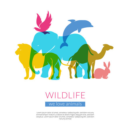 Wildlife animals and birds flat colorful silhouettes composition poster with elephant lion eagle and camel vector illustrationのイラスト素材