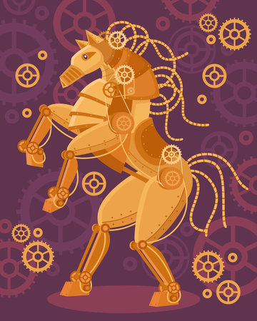 Steampunk art golden horse poster mechanical figurine and mechanisms around on a purple background vector illustrationのイラスト素材