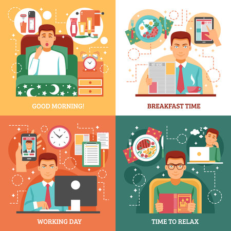 Man daily routine design concept four icon set that describe how a person spends his day vector illustrationのイラスト素材