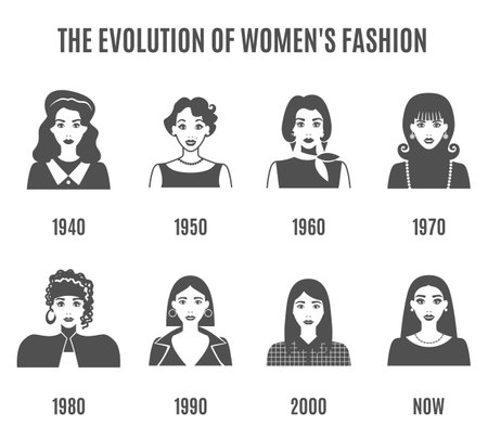 Women Fashion Black White Icons Set. Fashion Evolution Vector Illustration. Fashion Evolution Decorative Set.  Fashion Evolution Avatar Design Set. Fashion Evolution Flat Isolated Set.のイラスト素材