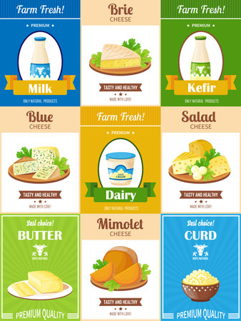 Dairy products poster set with presentation different kinds of cheese butter curd kefir and milk flat vector illustrationのイラスト素材
