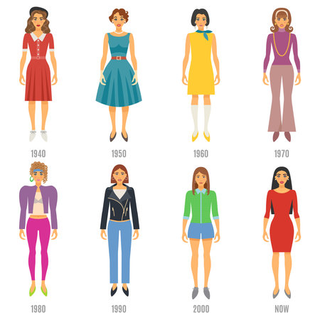 Women Fashion Icons Set. Fashion Evolution Vector Illustration. Woman Fashion Evolution Decorative Set.  Fashion Evolution Design Set. Fashion Evolution Flat Isolated Set.のイラスト素材
