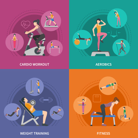 Different kinds of gym training cardio fitness aerobics and weight training 2x2 flat icons set isolated vector illustrationのイラスト素材