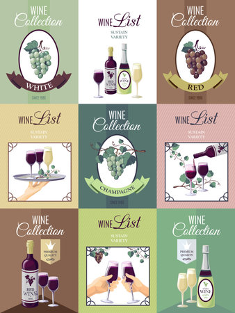 Set of nine wine posters for restaurant or bar menu with presentation of wine collection bunches of grapes vine glasses and bottles  vector illustrationのイラスト素材