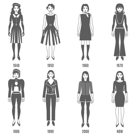 Women Fashion Black White Icons Set. Fashion Development Vector Illustration. Woman Fashion Evolution Decorative Set.  Fashion Evolution Design Set. Fashion Evolution Flat Isolated Set.のイラスト素材