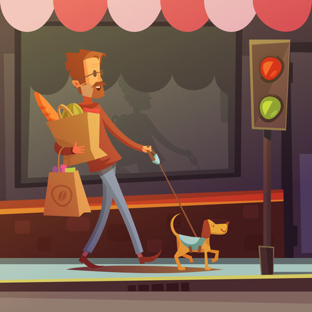Color cartoon illustration depicting disabled blind man with dog on the road vector illustrationのイラスト素材