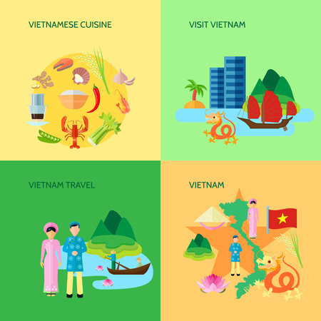 Vietnamese national cuisine culture and sightseeing for travelers 4 flat icons square poster abstract isolated vector illustrationのイラスト素材