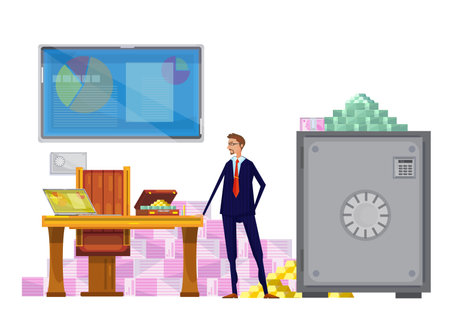 Flat composition with financial worker character in private office environment with closed safebox and money pyramids vector illustrationのイラスト素材