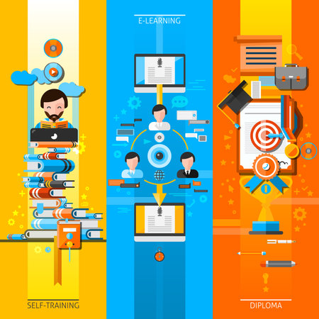 Online education vertical banners set with self-training symbols flat isolated vector illustrationのイラスト素材