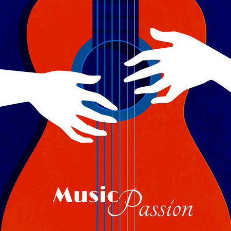 Music passion poster with red guitar silhouette on blue background and male hands on strings flat vector illustrationのイラスト素材