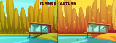 Nature parks outdoor 2 seasons retro cartoon style pictures for summer and autumn icons isolated vector illustrationのイラスト素材