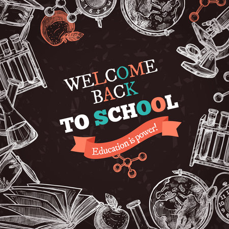 Welcome back to school education hand drawn sketch chalkboard poster with tools for studying and colorful letters on textural background vector illustrationのイラスト素材
