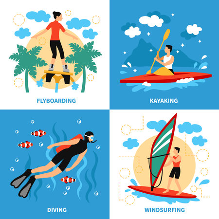 Water Sport Concept. Water Sport Vector Illustration.Water Sport  Flat Icons Set. Water Sport Design Set.Water Sport  Isolated Elements.のイラスト素材