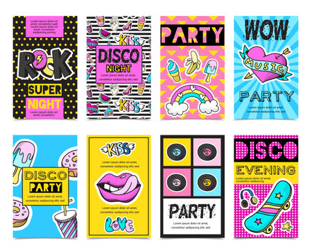 Colored stylish fashion patch badges banner set with disco night wow party disco evening descriptions vector illustrationのイラスト素材