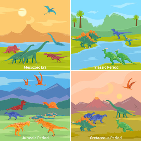 Dinosaurs 2x2 design concept set of cartoon compositions of jurassic triassic cretaceous and mesozoic periods flat vector illustrationのイラスト素材