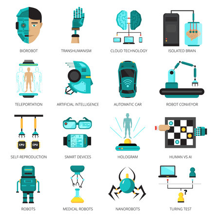 Colored artificial intelligence icon set with biorobot isolated brain teleportation hologram and other technologies vector illustrationのイラスト素材