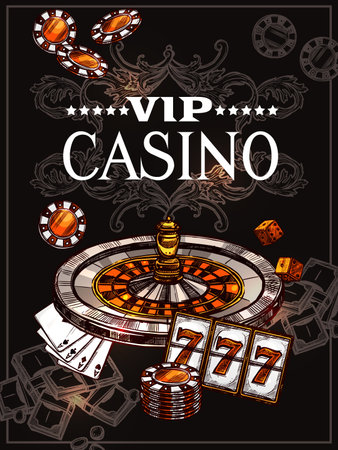 Vip casino poster with roulette wheel cards for poker play chips dice and jackpot icons in sketch style vector illustrationのイラスト素材