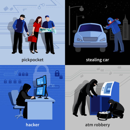 Various burglars and criminals committing crimes 2x2 flat isolated icons set vector illustrationのイラスト素材