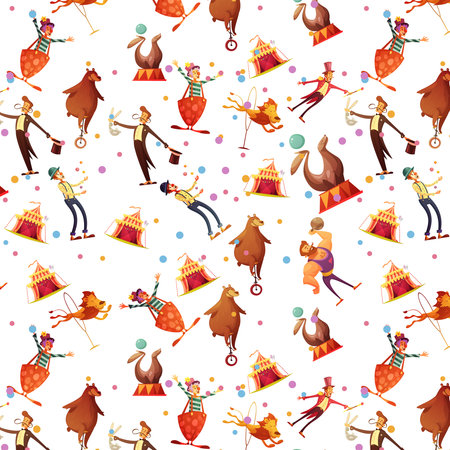 Circus seamless funny retro cartoon souvenir presents wrap paper pattern with seal ion magician and clown vector illustrationのイラスト素材