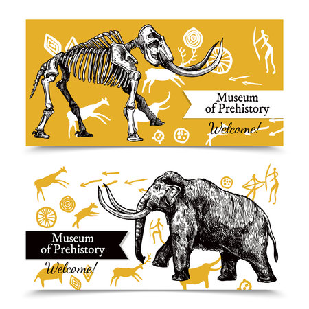 Horizontal welcome to museum of prehistory banners with sketch hand drawn mammoth and its skeleton on background with rock paintings isolated vector illustrationのイラスト素材