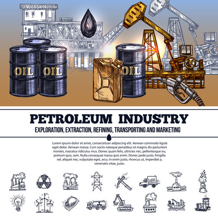 Oil industry infographics hand drawn layout with composition of elements of production refining and transportation of petroleum products vector illustrationのイラスト素材