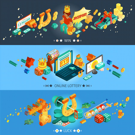 Lottery horizontal isometric banners set with win and luck symbols isolated vector illustrationのイラスト素材