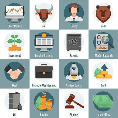 Investment and trading flat icons set for web design with bull bear broker gold oil bidding symbols isolated vector illustrationのイラスト素材
