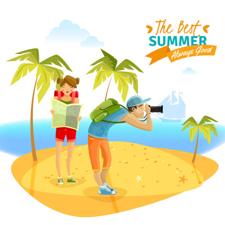 Young couple on summer vacations on tropical island cartoon vector illustrationのイラスト素材
