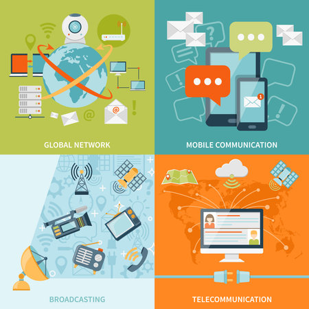 Telecommunication 2x2 design concept set of mobile radio and satellite communication and global network flat icons compositions vector illustrationのイラスト素材