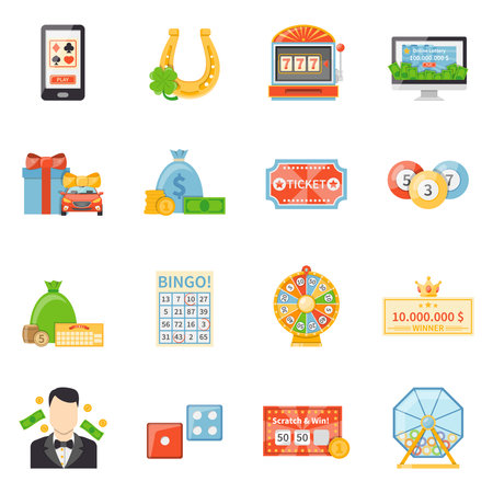 Lottery and jackpot decorative icons with fortune wheel winner ticket scratch card  lottery drum flat vector illustrationのイラスト素材