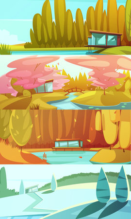 Countryside landscapes seasons 4 horizontal banners set with winter summer autumn and spring retro isolated vector illustrationのイラスト素材