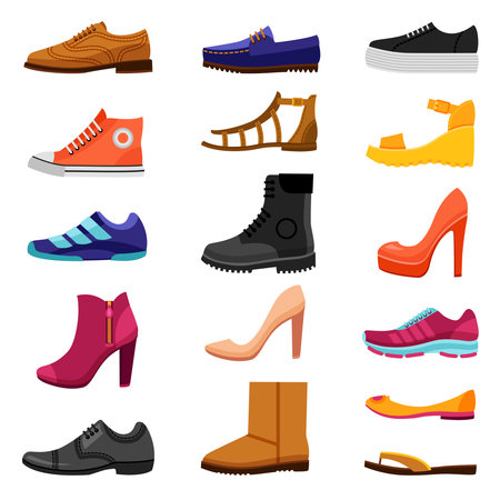 Footwear flat colored icons set of male and female shoes boots sandals for different seasons isolated vector illustrationのイラスト素材