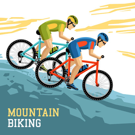 Mountain biking vector illustration with two bicyclist in sport form and helmets coming downhill on bikesのイラスト素材