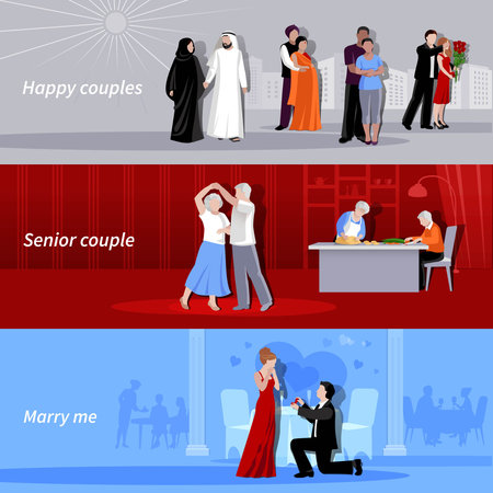 Horizontal happy couples people of different age and nationalities indoor and outdoor flat isolated banners vector illustrationのイラスト素材