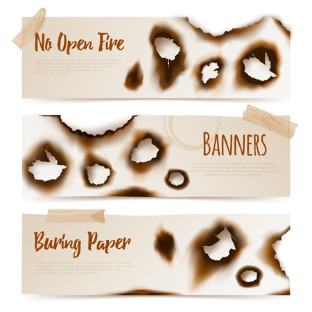 Set of horizontal paper banners with Burned edges and  burnt holes in realistic style vector  illustrationのイラスト素材
