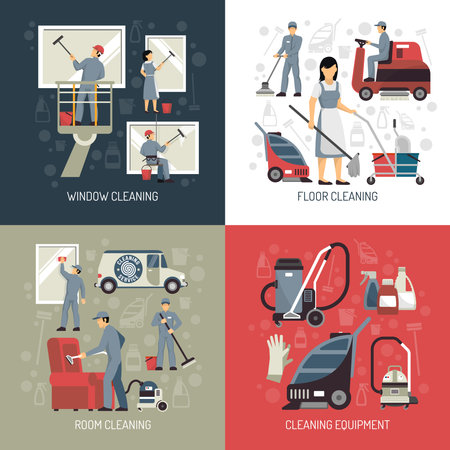Industrial cleaning window washers and floor scrubbing equipment 4 flat icons square poster abstract isolated vector illustrationのイラスト素材