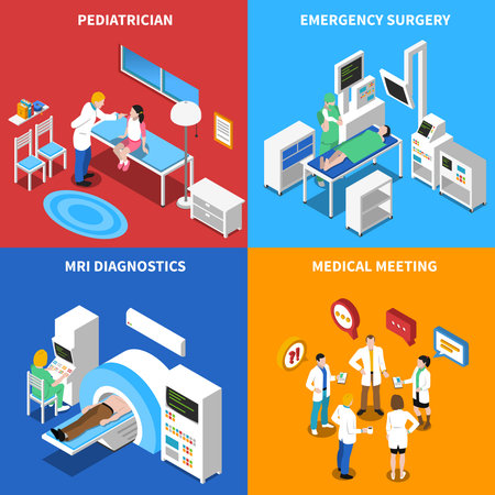Medical hospital personnel patient relationship in emergency and  mri diagnostic facility 4 isometric icons isolated vector illustrationのイラスト素材