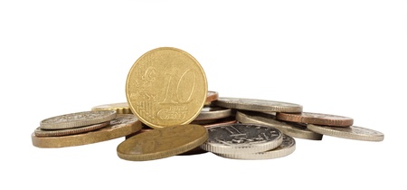 Euro cent coin on white background and other coins