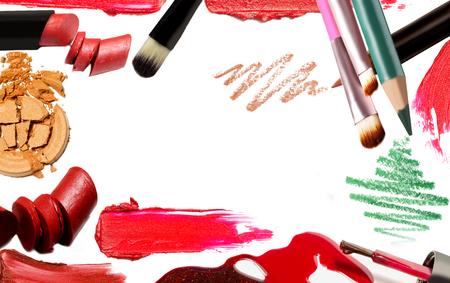 Collage of cosmetics for professional make-up isolated on whiteの写真素材