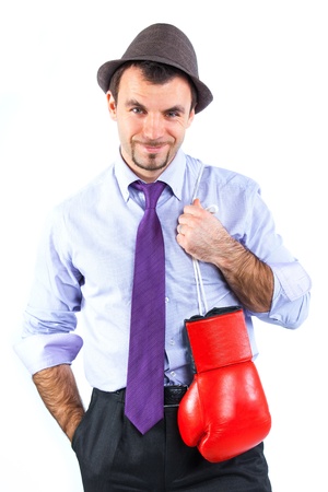 Portrait of a  business man in red boxing glovesの写真素材
