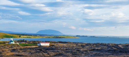 Icelandic landscape of Lake Myvatn  Panorama  Icelandの写真素材