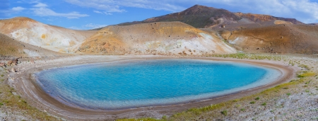 The blue lake in the Viti crater in the Krafla region, northeast Iceland  Panoramaの写真素材