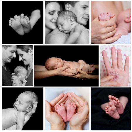 Collage of images newborn baby in a parent hands  Black-and-white photo