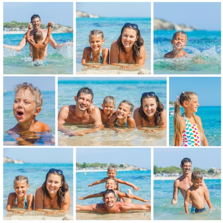 Collage of images portrait of happy family laughing and looking at camera on the beachの写真素材