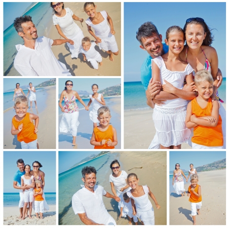 Collage of images happy family running down the beach on summerの写真素材
