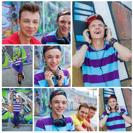 Collage of images happy teens boy with his friends by painted wall sunrise listening to music の写真素材
