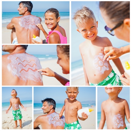 Adorable boy and girl at tropical beach applying sunblock cream on a father s back の写真素材
