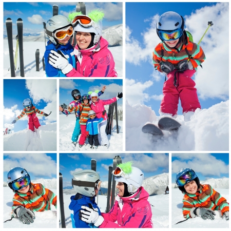 Skiing, winter, snow, sun and fun  Collage of images of family enjoying winter vacationsの写真素材