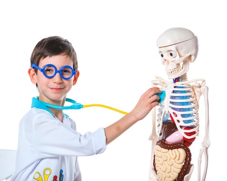 A little smiling doctor with stethoscope and skeleton  Isolated on white backgroundの写真素材