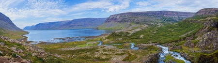 West Iceland Sea Lagoon Landscape at Summer Sunny Weather  Panoramaの写真素材
